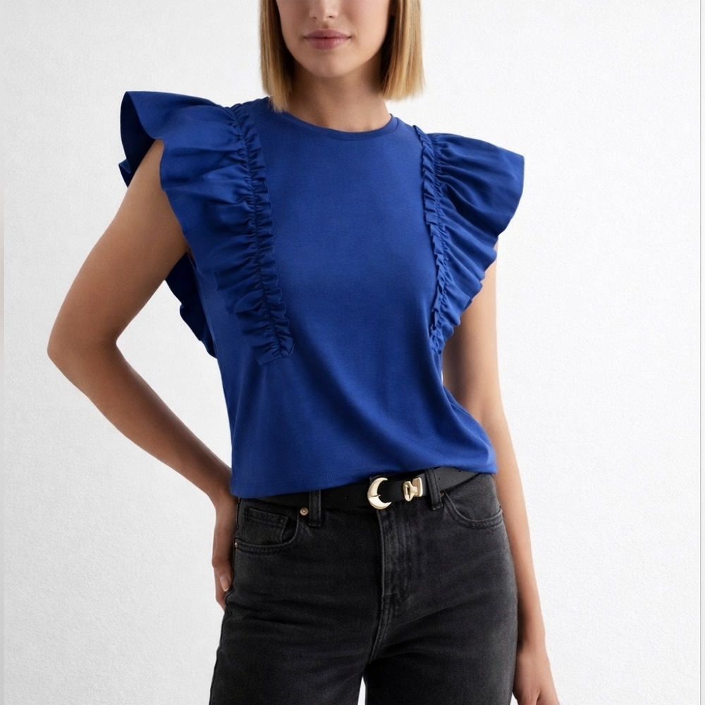 NWT Express Skimming Linen Blend Crew Neck Flutter Sleeve Tee